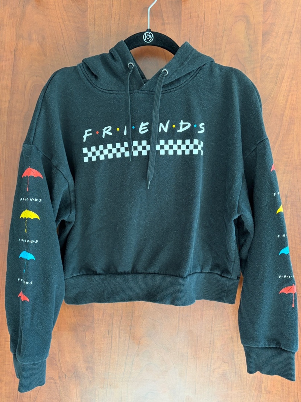 FRIENDS Black Cropped Hooded Pullover with Multicolor Umbrella Graphics